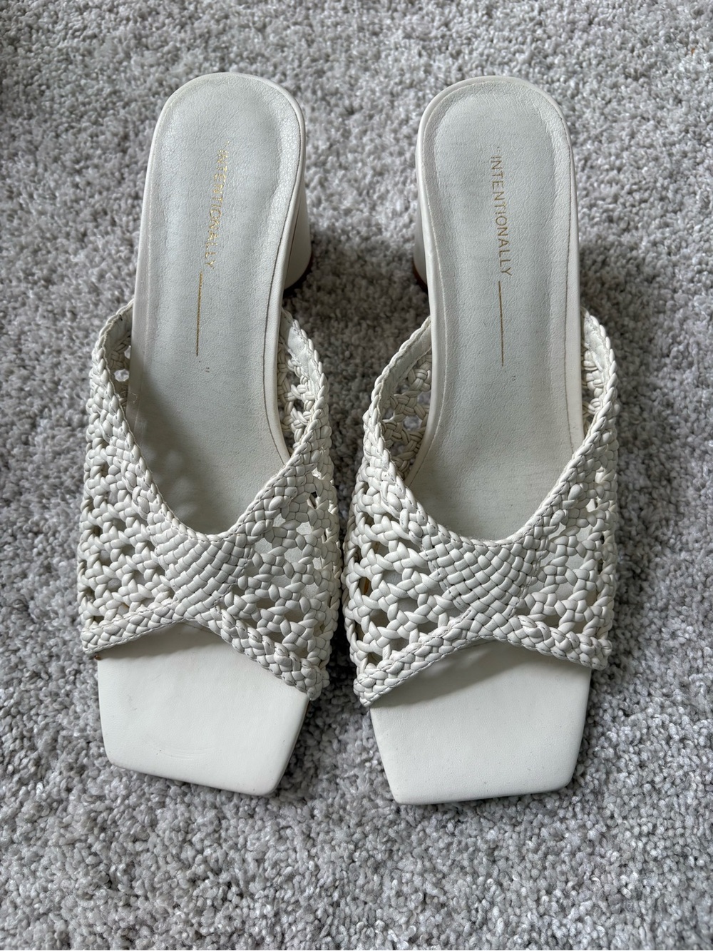 INTENTIONALLY BLANK Cassandra White Braided Square-Toe Mule Heels